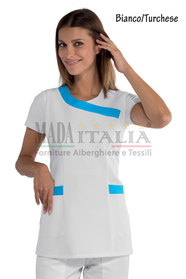 Vendita Casacca Estetista Parrucchiera Corto Malibu Bianco/Turchese Vendita Casacca Estetista Parrucchiera Corto Malibu Bianco/Turchese