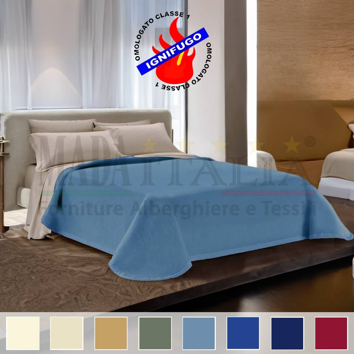 Vendita Coperta Ignifuga Hotel Antifiamma Tinta Unita Misto Lana Avio Ambientata Copertina